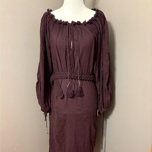 Free People Boho Plum Cotton Dress with Braided Belt and jingles